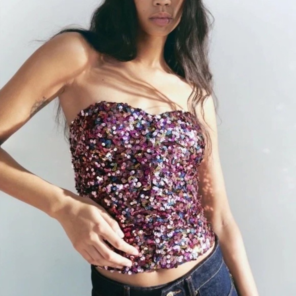 Zara Blogger Fave Sequin Pink Purple Holiday Festive Days Corset Tube Top
